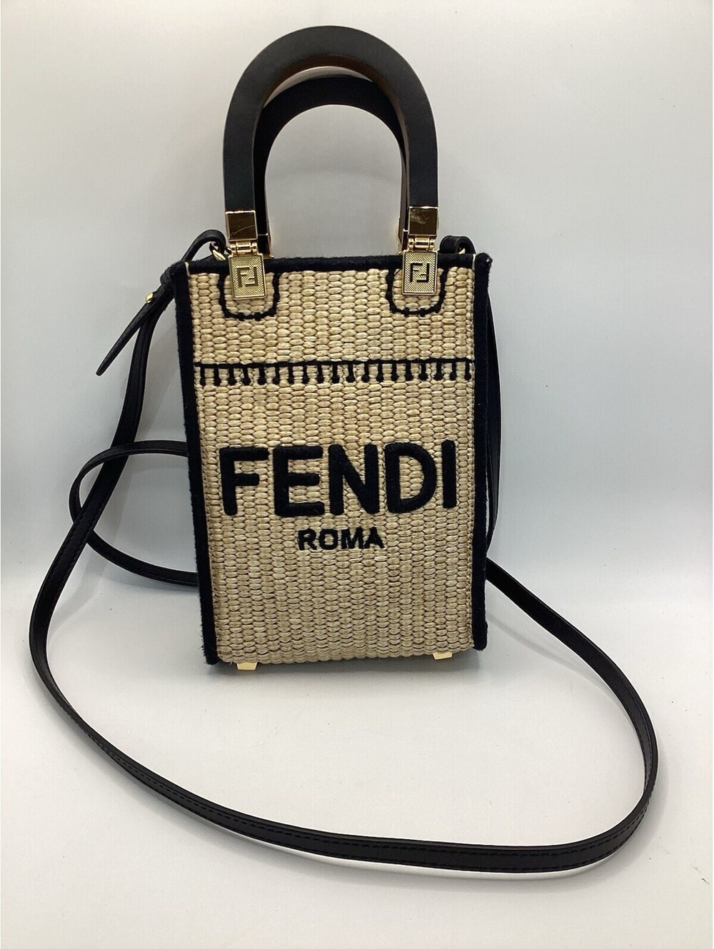 Fendi Mini Sunshine Shopper Tote Raffia w/Strap